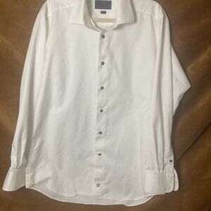 David Donahue weave distinguishes cotton white spread-collar button down shirt.